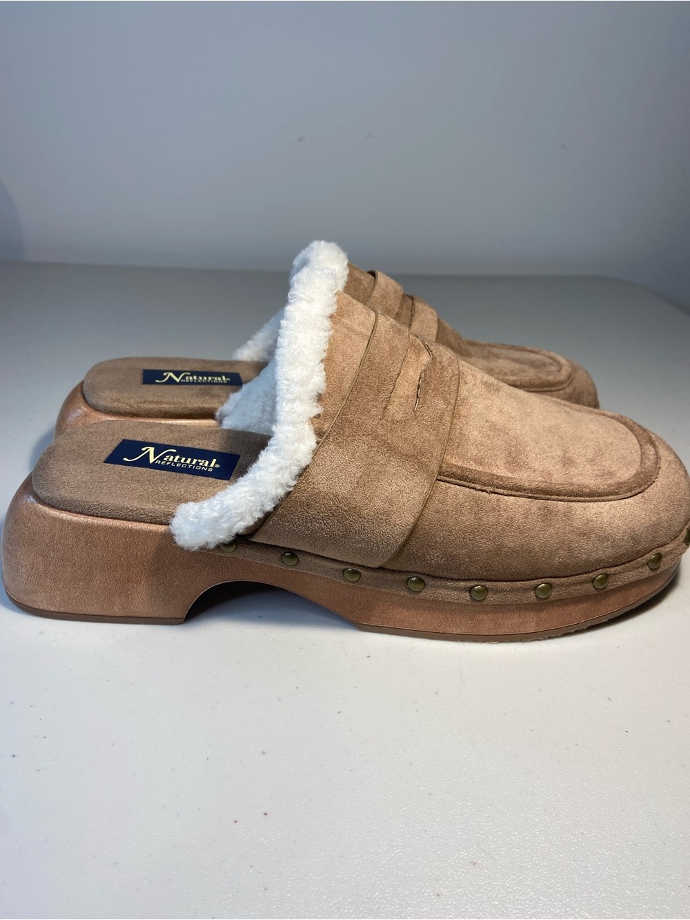 Natural Reflections Tan Suede Shearling-Trim Clog Mule SZ 11